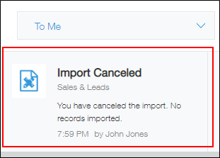 Screenshot: A notification that indicates the cancellation of record import is outlined