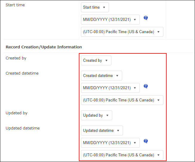 Screenshot: Specifying the corresponding file columns for the fields displayed in the "Record Creation/Update Information" section