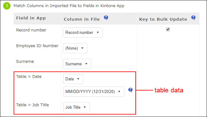 Screenshot: Display format of table fields