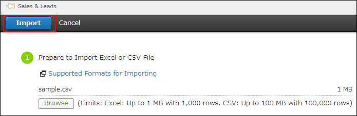 Screenshot: Clicking "Import"