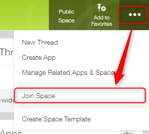 Screenshot: Clicking the "Options" icon and then "Join Space"