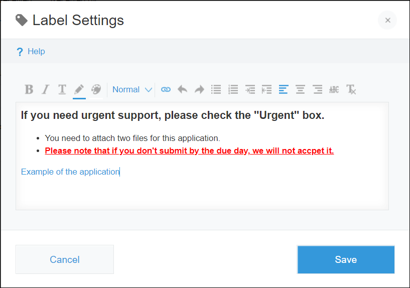 Screenshot: The settings screen of a "Label" field