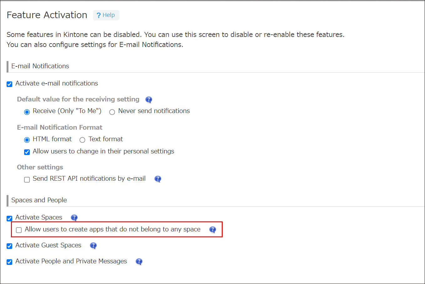 Screenshot: The deselected "Allow users to create apps that do not belong to any space" checkbox is outlined on the "Feature Activation" screen