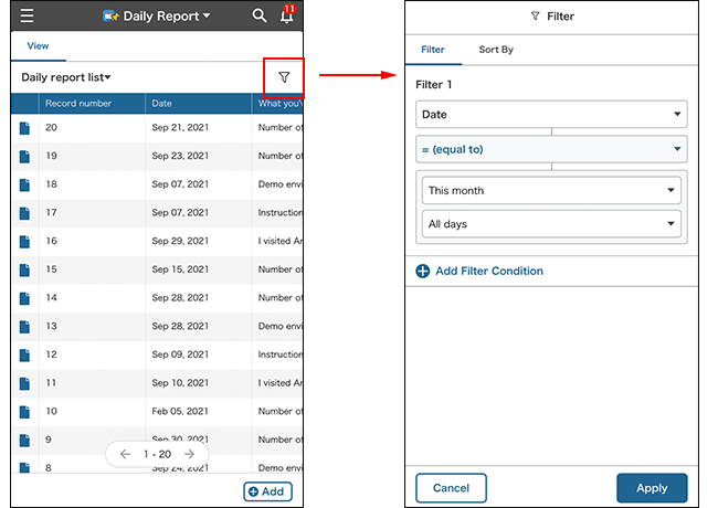 Screenshot: Tapping the "Filter" icon and specifying record filter conditions