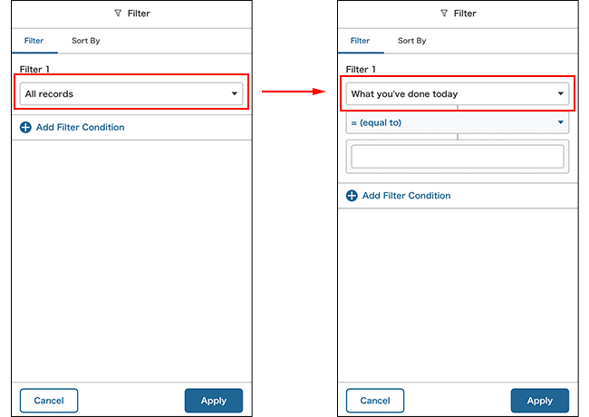 Screenshot: Selecting a field to specify in a filter condition