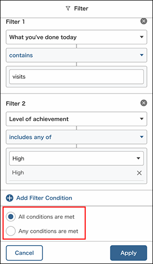 Screenshot: "All conditions are met" and "Any conditions are met" are outlined