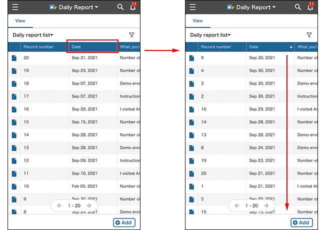 Screenshot: An example of changing the sort order of a view