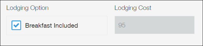 Screenshot: A lodging cost that includes the cost of breakfast is automatically displayed because the "Breakfast Included" checkbox is selected for the "Lodging Option" field