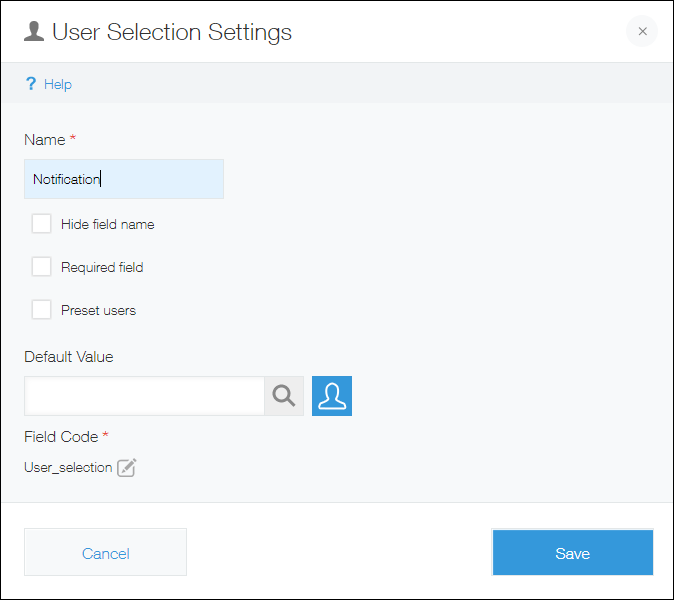 Screenshot: A field name is entered on the settings screen of a "User selection" field