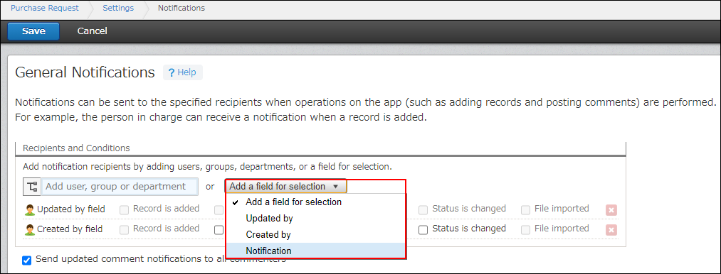 Screenshot: The drop-down list for adding a field for selection is outlined on the "General Notifications" screen