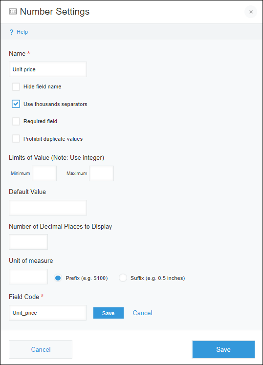 Screenshot: The settings screen of a "Number" field