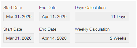 Screenshot: An example of "Calculated" fields being used to calculate the number of days and weeks