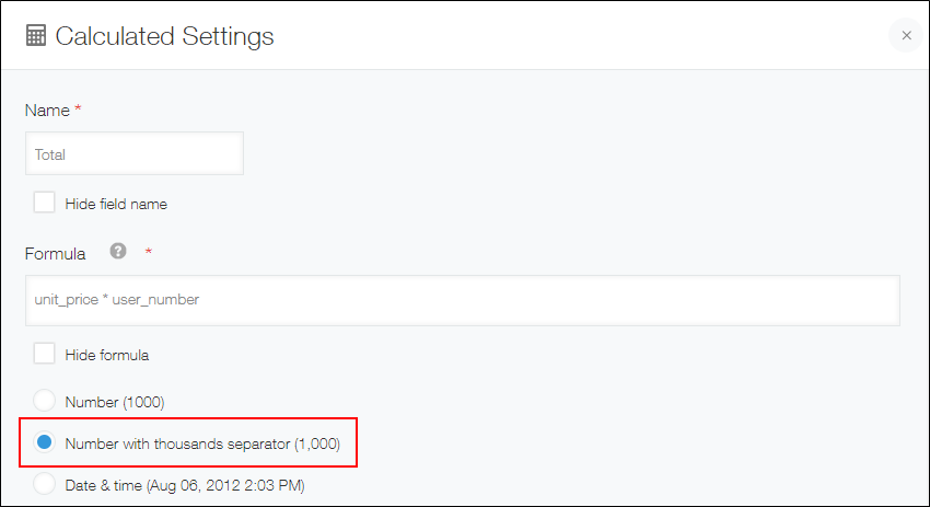 Screenshot: The settings of a "Calculated" field. "Number with thousands separator (1,000)" is selected.