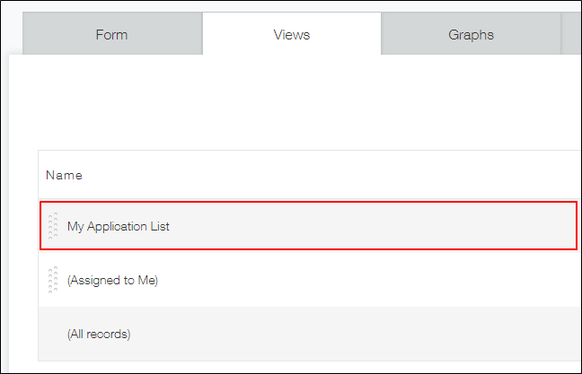 Screenshot: "My Application List" is outlined in the "Name" section of the "Views" tab