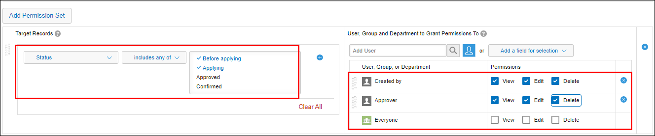 Screenshot: The "Target Records" section and "Created by", "Approver", and "Everyone" in the "User, Group, and Department to Grant Permissions To" section are outlined on the "Permissions for Records" screen