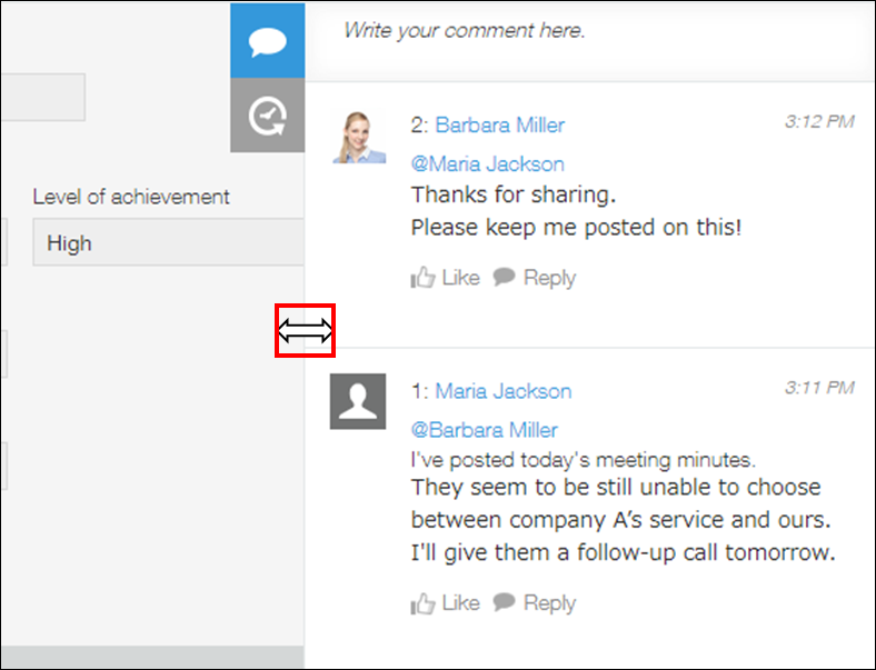 Screenshot: Adjusting the width of the Comments section