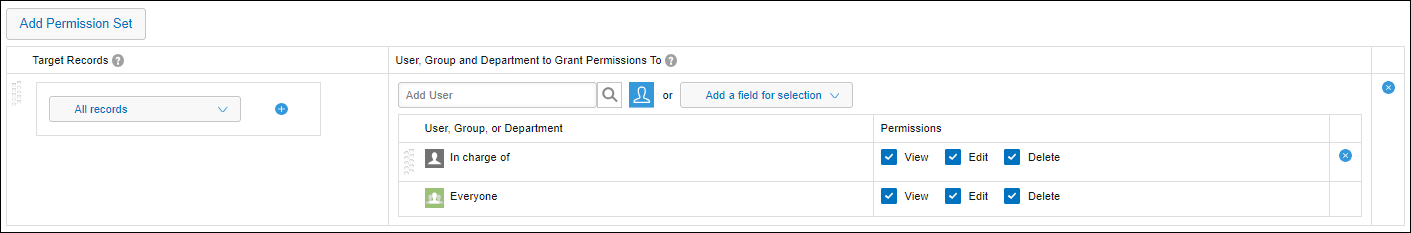 Screenshot: Example of specifying permissions for a "User selection" field