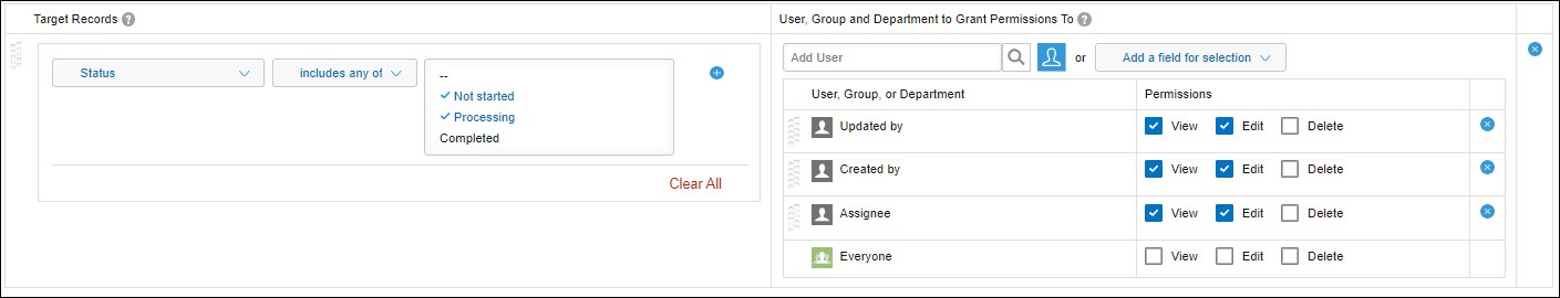 Screenshot: Example of specifying permissions for the "Created by" user