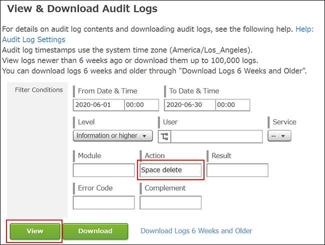 Screenshot: The "Action" input field and "View" button are outlined on the "View & Download Audit Logs" screen