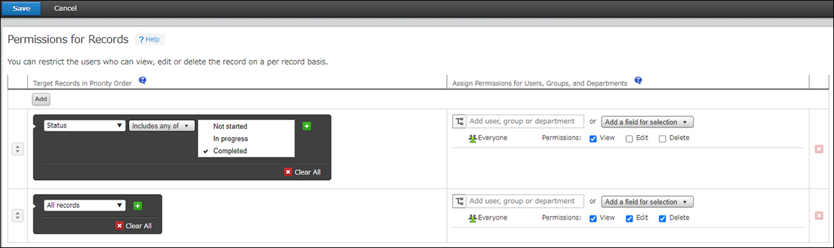 Screenshot: the screen where the Permissions for Records setting is configured in accordance with the table below