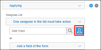 In the Process Management settings, the "Select users from departments or groups" icon to the right of the "Assignee List" search box is outlined