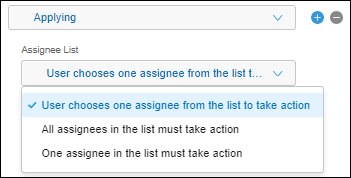 Screenshot: In the Process Management settings, a condition for assignees is being selected from the "Assignee List" drop-down