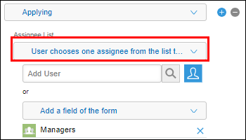 Screenshot: "User chooses one assignee from the list to take action" is outlined in the "Assignee List" drop-down in the Process Management settings