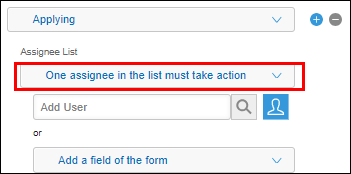 Screenshot: "One assignee in the list must take action" is outlined in the "Assignee List" drop-down in the Process Management settings