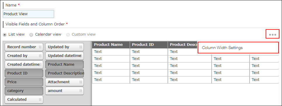 The "Column Width Settings" icon selectable from the "Options" icon