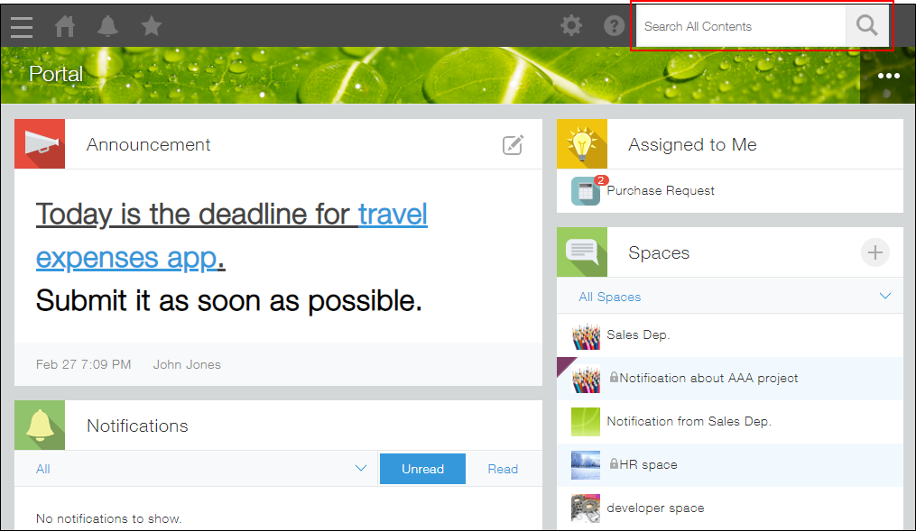 Screenshot: The search box on Portal is outlined