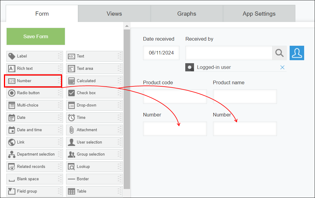 Screenshot: Two "Number" fields are placed on a form