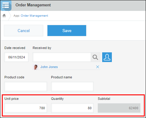 Screenshot: An app set with a formula that calculates the value of a "Subtotal" field by multiplying the values of "Unit price" and "Quantity" fields