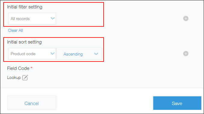 Screenshot: On the "Lookup Settings" screen, the "Initial filter setting" and "Initial sort setting" sections are outlined in red