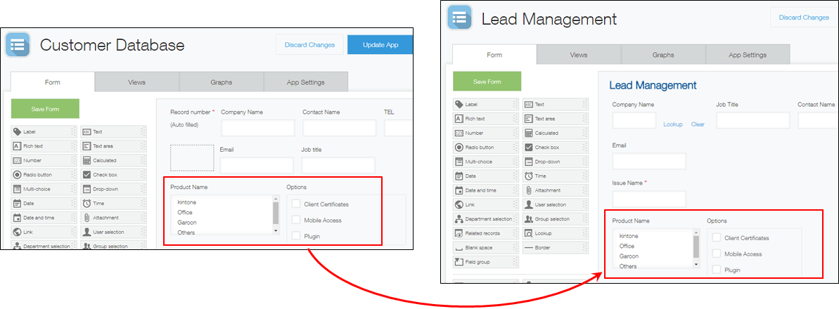 Screenshot: Example of using a "Multi-choice" field and "Check box" field