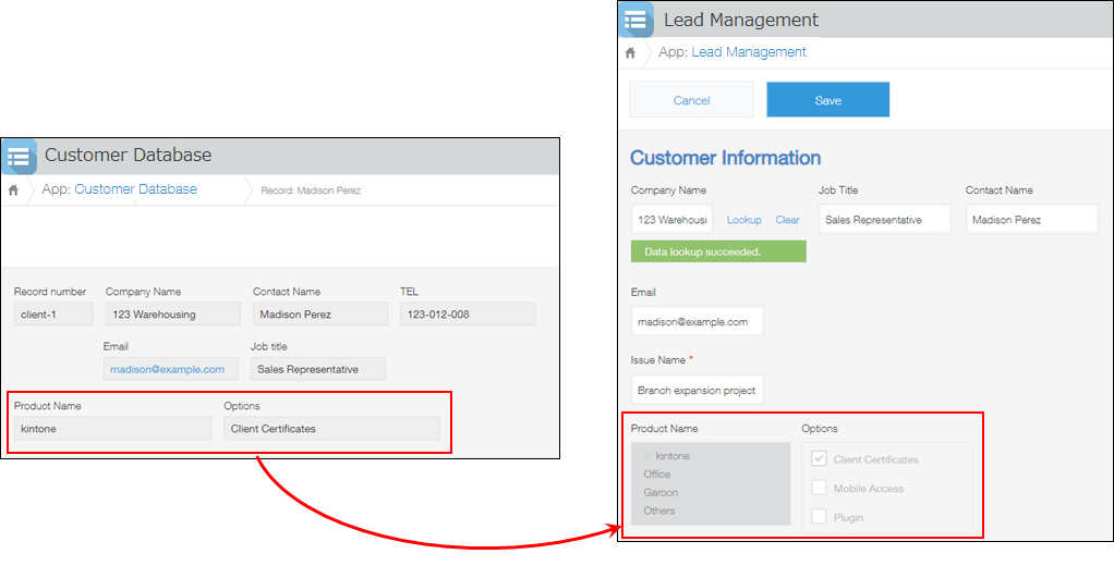 Screenshot: Example of using a "Multi-choice" field and "Check box" field