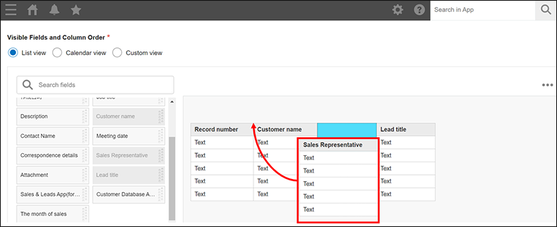 Screenshot: Changing the order of fields on the View settings screen