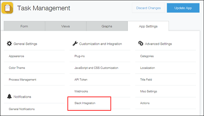 Screenshot: "Slack Integration" is outlined on the "App Settings" tab