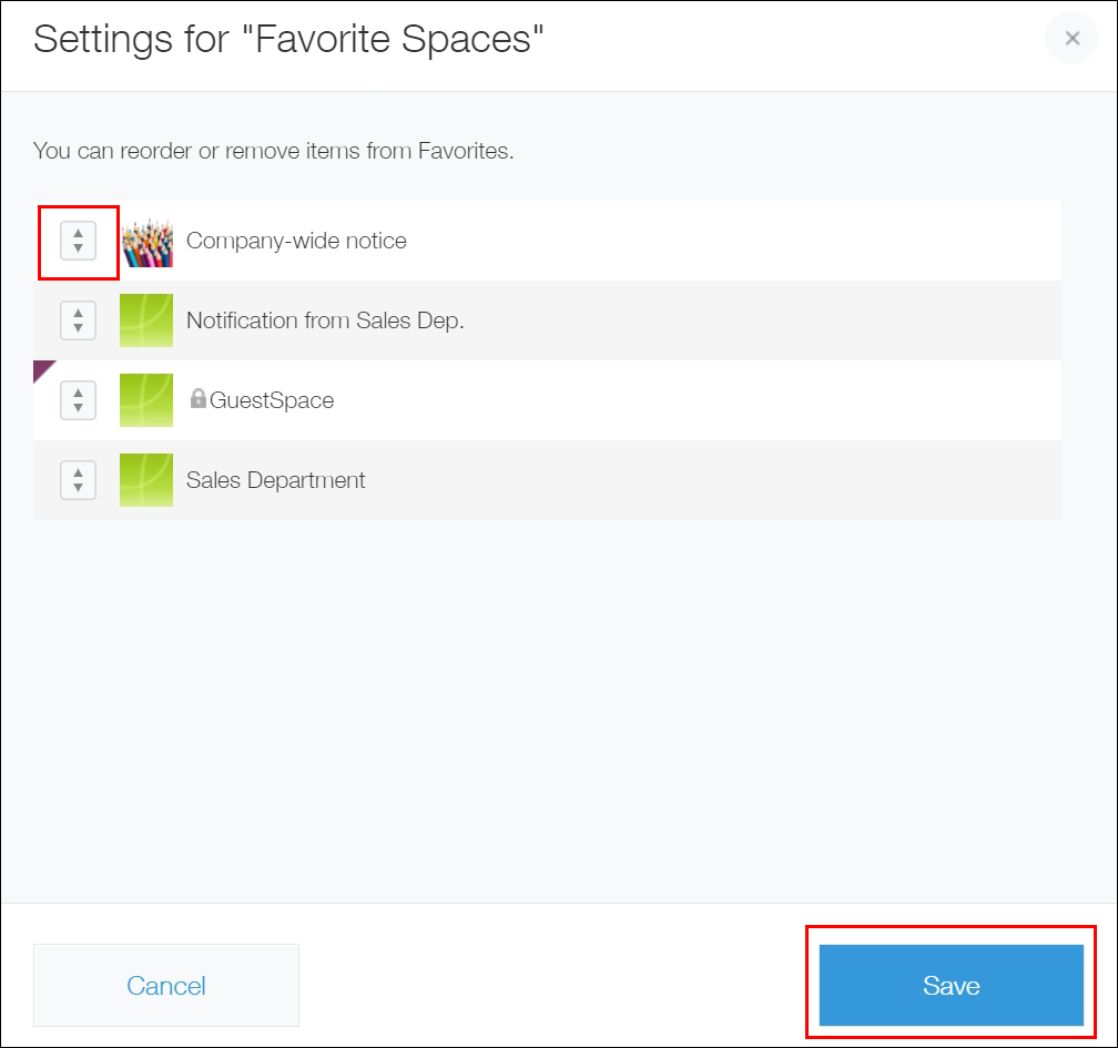 Screenshot: The reorder icon to the left of a space name and "Save" are outlined in red