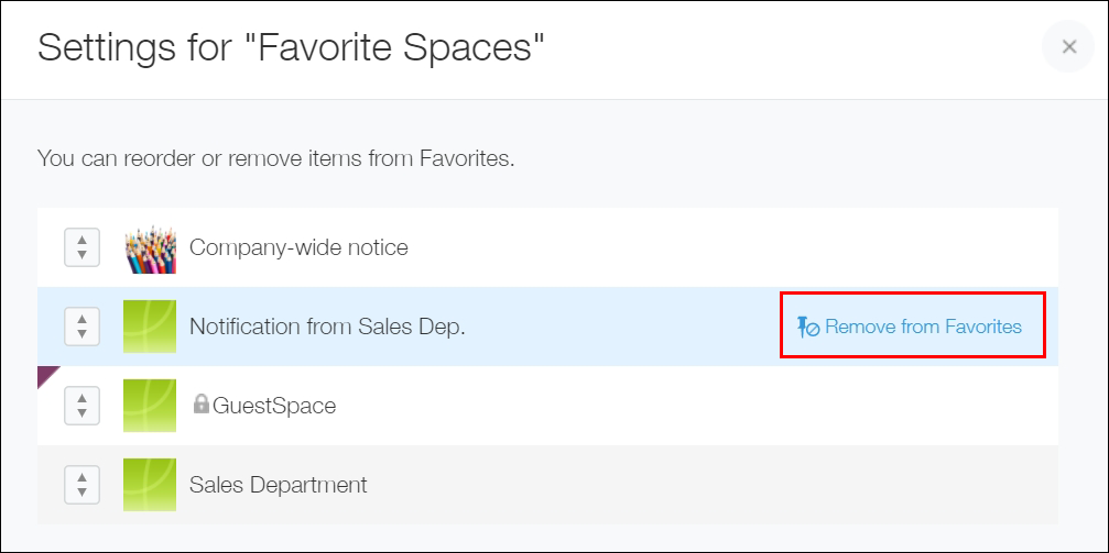 Screenshot: "Remove from Favorites" to the left of a space name is outlined in red