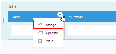 Settings of a field inside the table