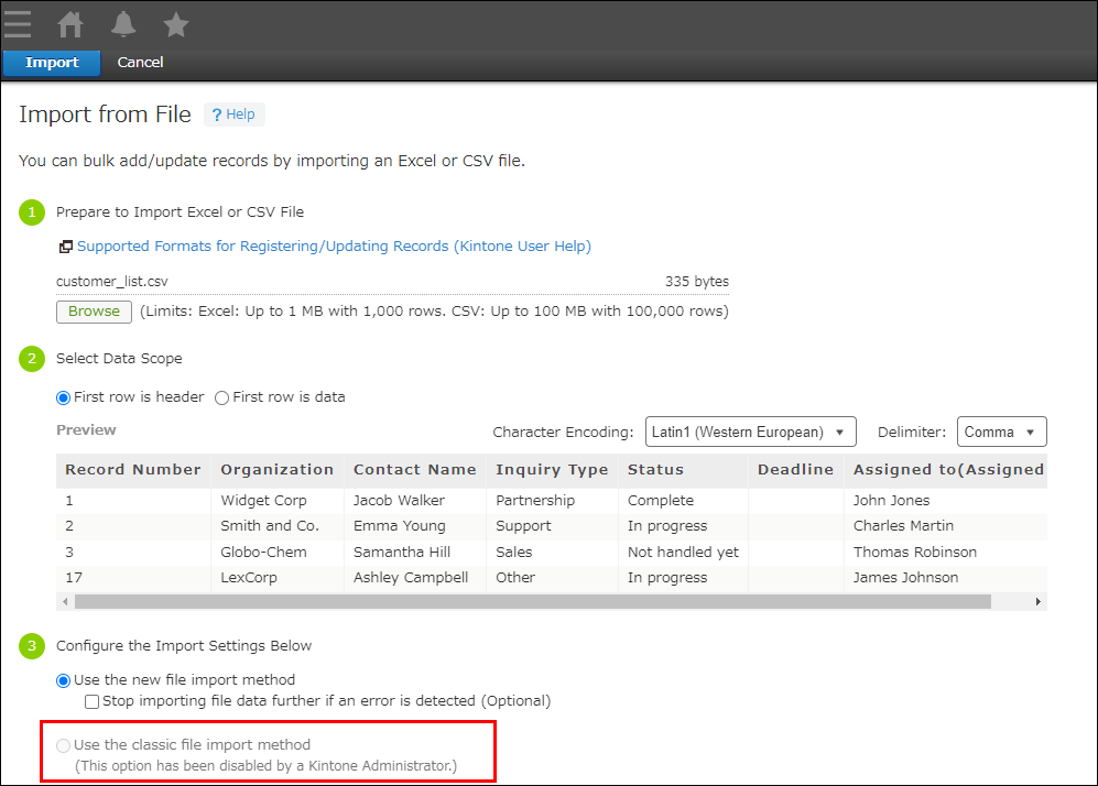 Screenshot: The classic file import method is disabled on the "Import from File" screen