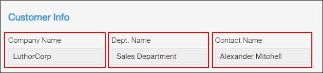 Screenshot: Example of using "Text" fields as "Company Name", "Dept. Name", and "Contact Name" fields