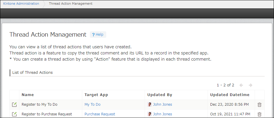 Thread Action Management screen