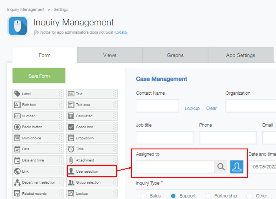 Screenshot: Placing a "User selection" field