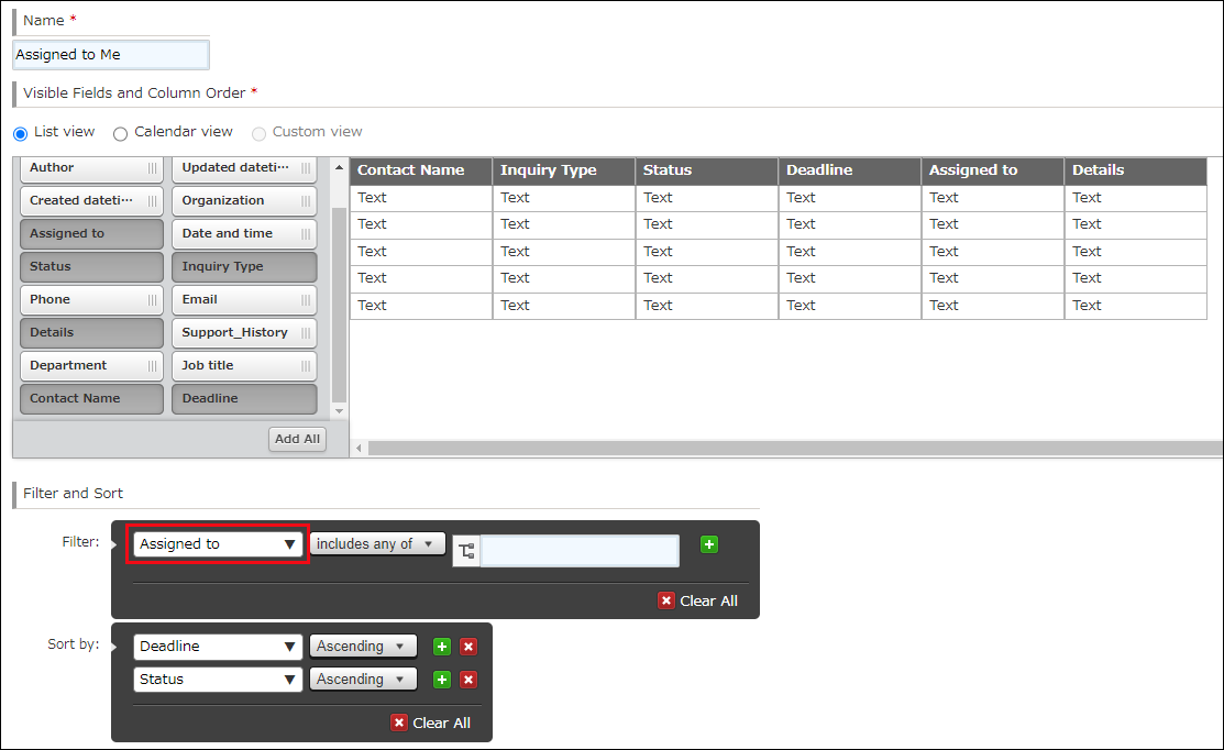 Screenshot: The screen to specify filter conditions