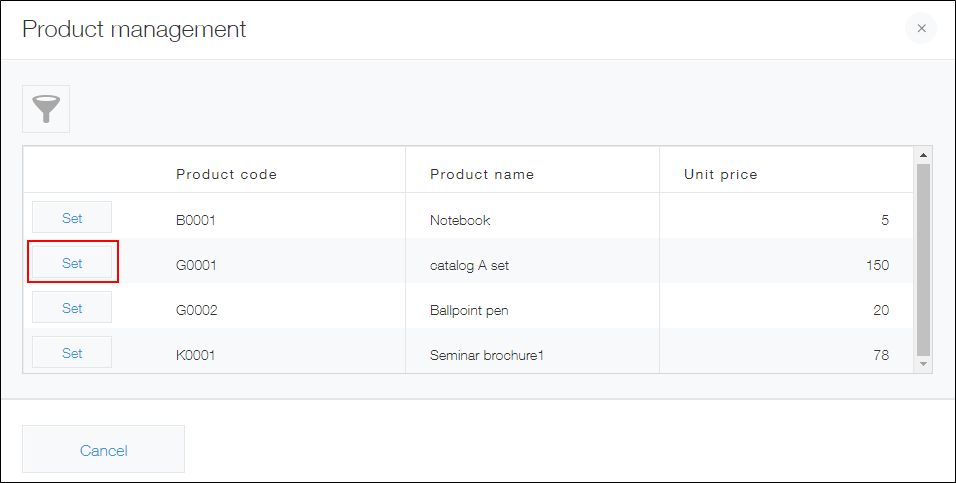 Screenshot: "Set" in record picker dialog for the product management app is highlighted