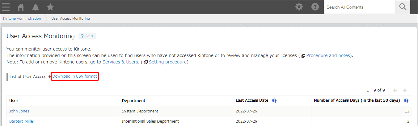 Screenshot: The "Download in CSV format" button on the "User Access Monitoring" screen