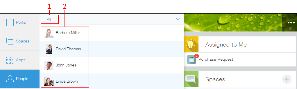 Screenshot: A list of Kintone users is displayed on the People list
