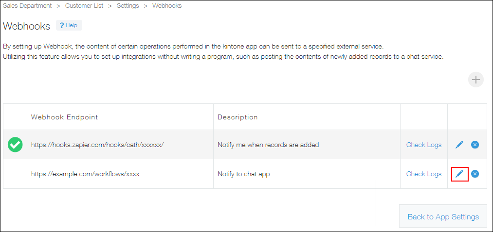 Changing the setting of Webhooks