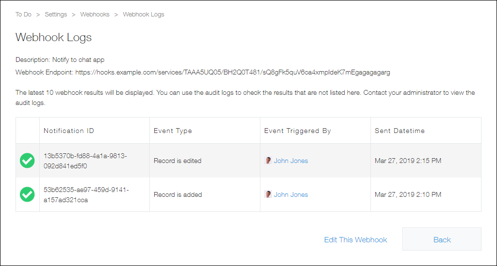 Screenshot: The screen where the Webhook log is displayed